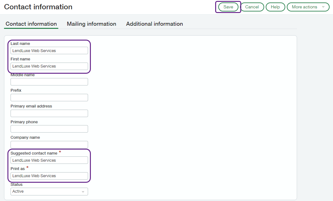 Screenshot of Sage Intacct interface displaying the contact name creation pop-up. The First name, Last name, Suggested contact name, and Print as values are filled in and outlined. The Save button is also outlined.