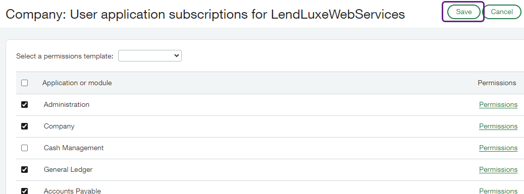 Screenshot of Sage Intacct interface displaying the User application subscriptions screen with the Save button outlined.