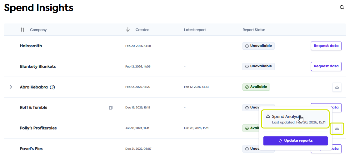 An image of the Portal user interface with the download dropdown displayed and download button highlighted for an example company
