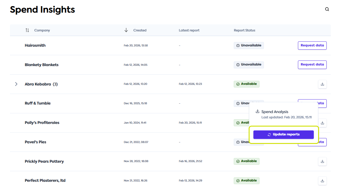An image of the Portal user interface on the Spend Insights tab with the Update Reports button visible and highlighted.