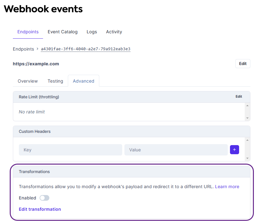 A fragment of the webhook transformations UI used to edit transformations